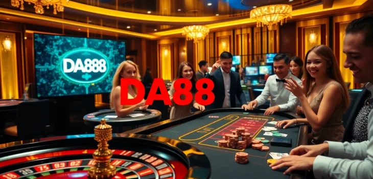 Exciting casino scene with DA88 branding, roulette wheel, and celebratory players.