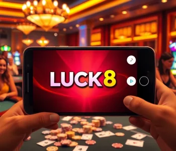 Experience the thrilling LUCK8 APP on a smartphone with vibrant casino elements surrounding players.