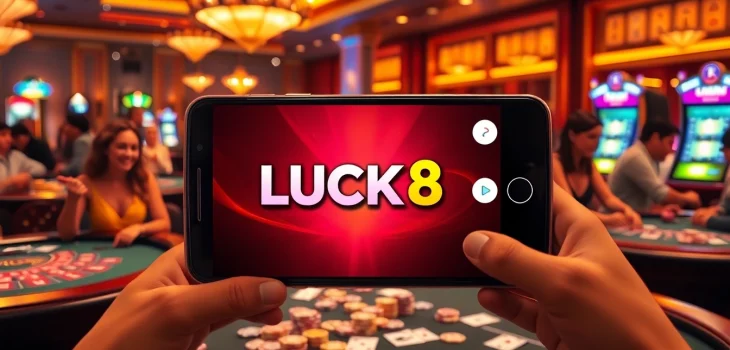 Experience the thrilling LUCK8 APP on a smartphone with vibrant casino elements surrounding players.