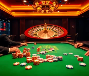 Experience thrilling poker action at https://i9bet.space/ with vibrant chips and a spinning roulette wheel.