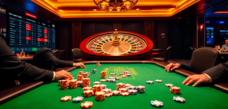 Experience thrilling poker action at https://i9bet.space/ with vibrant chips and a spinning roulette wheel.
