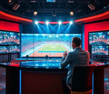 Engaging sports broadcasting scene featuring hosts and live event graphics.
