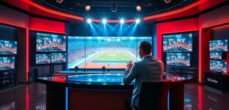 Engaging sports broadcasting scene featuring hosts and live event graphics.