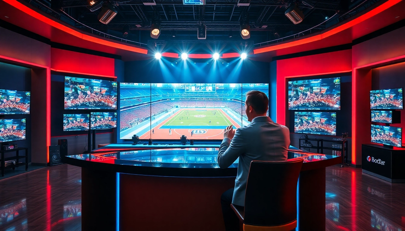Engaging sports broadcasting scene featuring hosts and live event graphics.