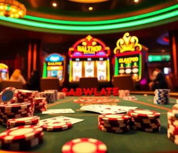 ZK88 casino scene featuring luxurious poker table and bright slot machines in an exciting atmosphere.