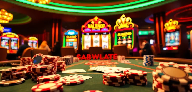 ZK88 casino scene featuring luxurious poker table and bright slot machines in an exciting atmosphere.