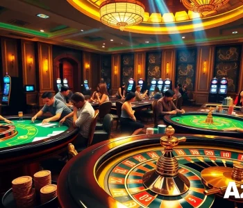 Experience the excitement of casino gaming at Az888 with vibrant tables and poker chips.