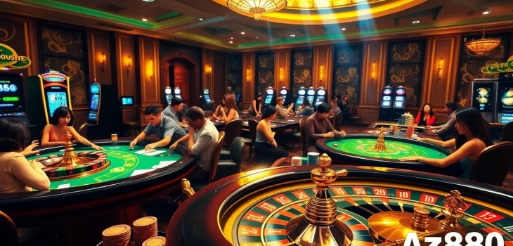 Experience the excitement of casino gaming at Az888 with vibrant tables and poker chips.