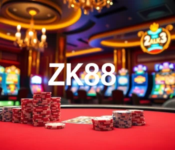 ZK88 casino scene showcasing high-stakes poker, vibrant slot machines, and a luxurious atmosphere.