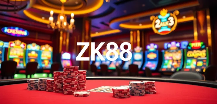 ZK88 casino scene showcasing high-stakes poker, vibrant slot machines, and a luxurious atmosphere.