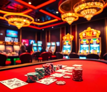 A thrilling gambling scene at https://red88.spot/ showcasing poker tables, roulette, and slot machines in a vibrant casino environment.