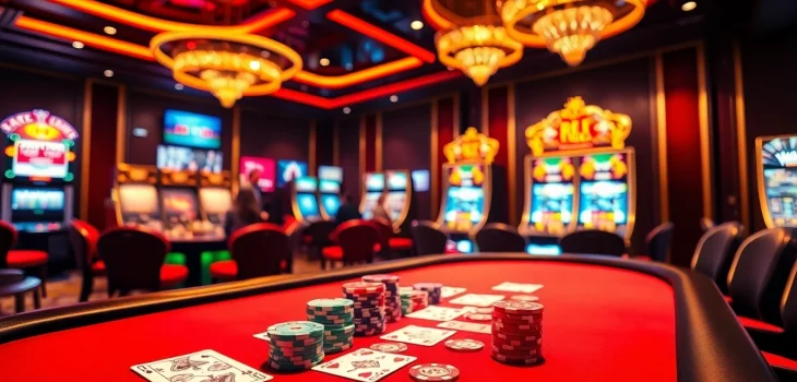 A thrilling gambling scene at https://red88.spot/ showcasing poker tables, roulette, and slot machines in a vibrant casino environment.