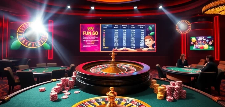 Engaging gameplay atmosphere at Fun 88 casino with poker tables and roulette wheel.