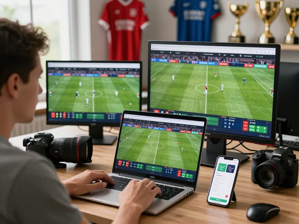 Engaged user analyzing kết quả bóng đá on a modern sports data platform with live updates and vibrant atmosphere.