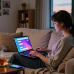 User interacting with Crushon AI in a cozy living room setting, showcasing vibrant chat with colorful lights.