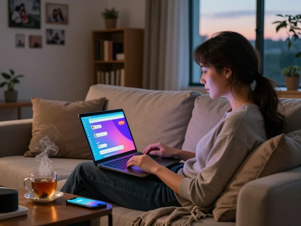 User interacting with Crushon AI in a cozy living room setting, showcasing vibrant chat with colorful lights.
