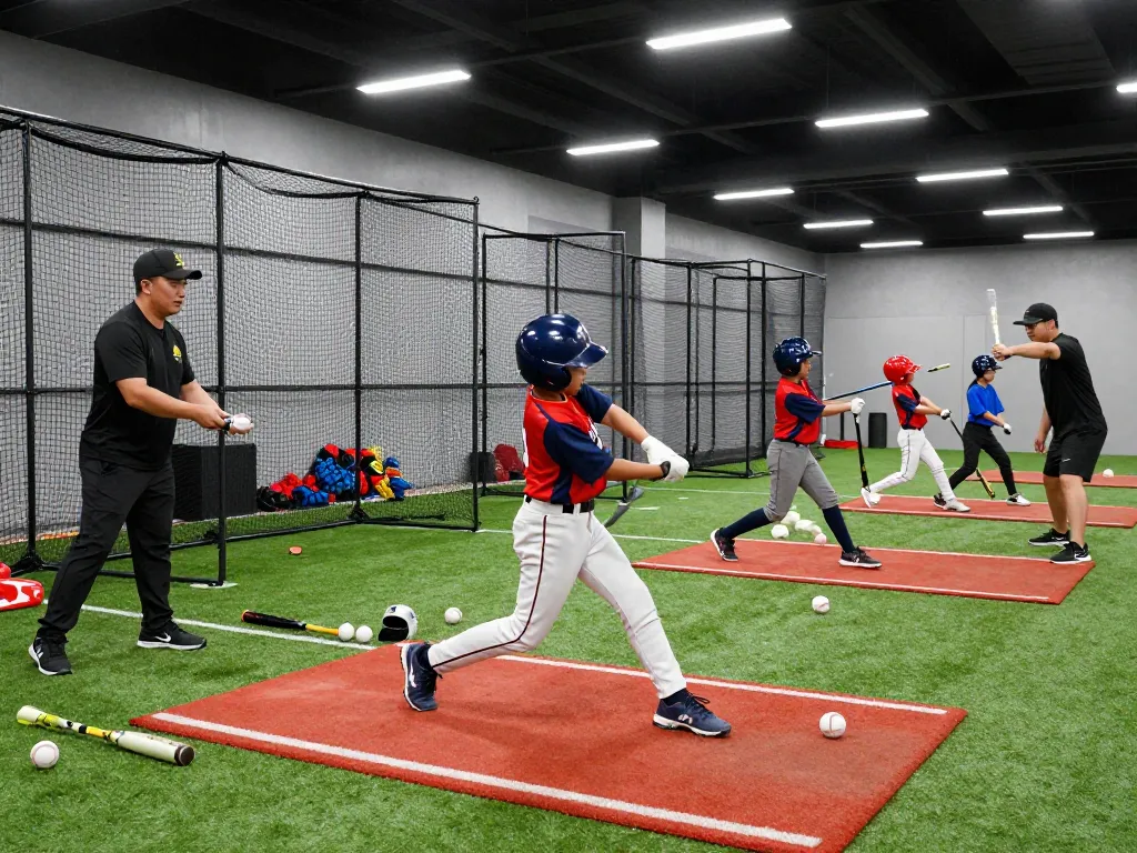 HitClub baseball training scene with young athletes swinging bats and coaches guiding, showcasing an energetic sports atmosphere.