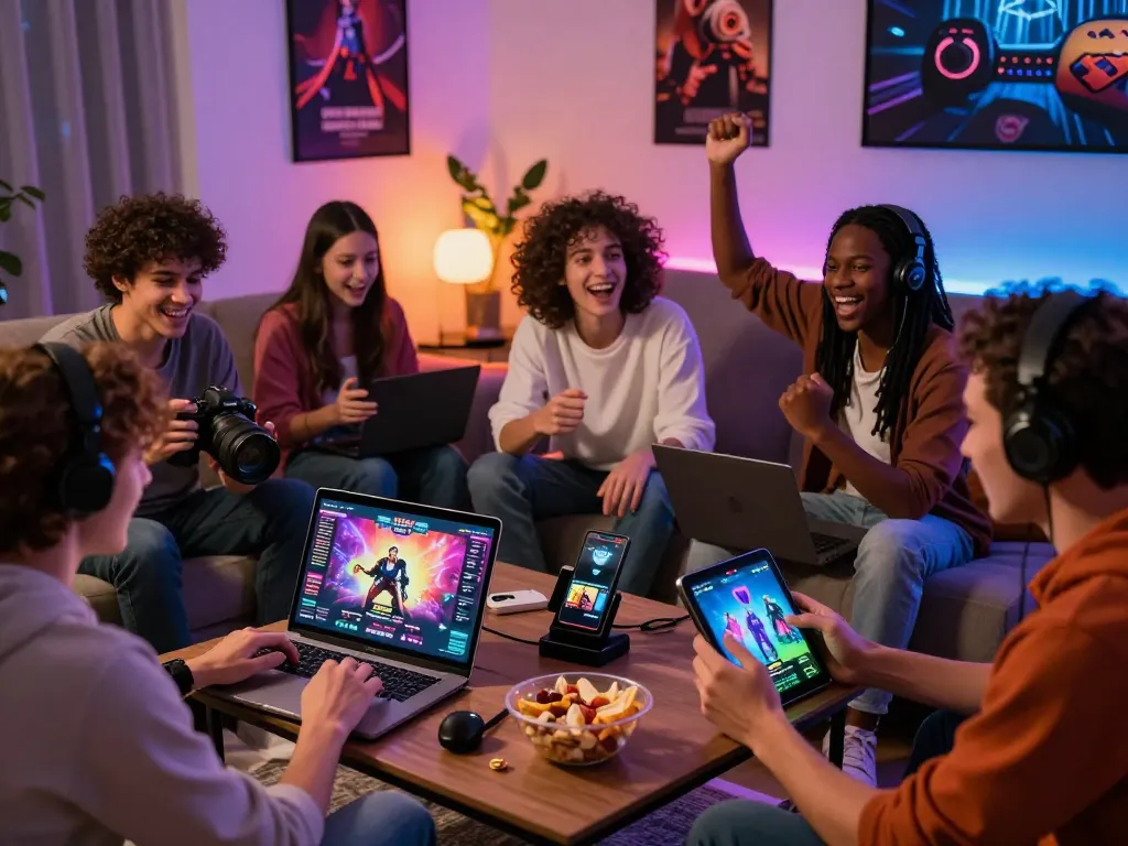 Players enjoying interactive porn games on laptops and mobile devices in a vibrant living room setting.