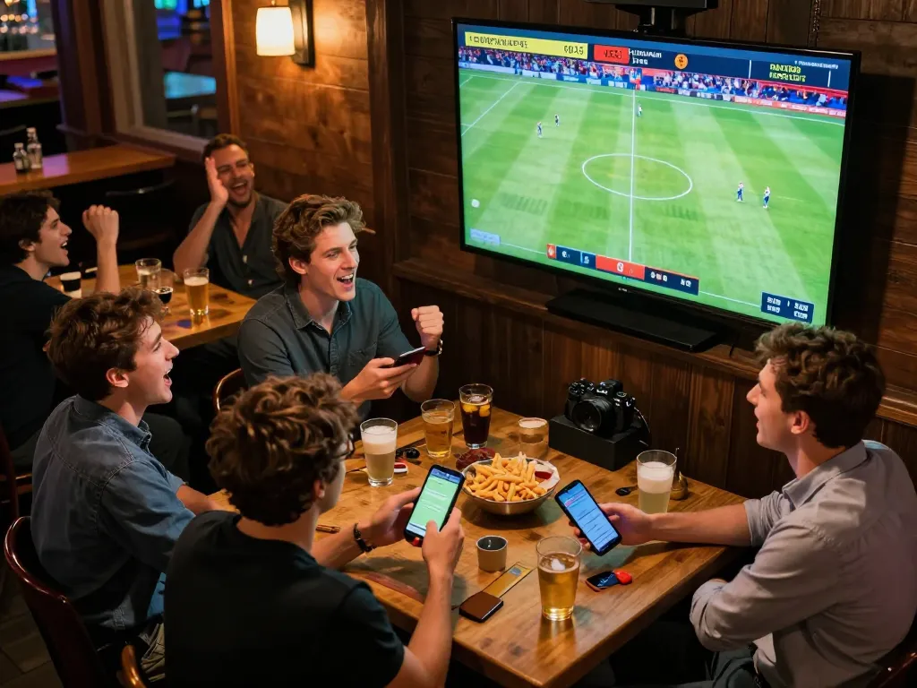 nhandinhkeonhacai users placing live sports bets while enjoying a football match with friends.