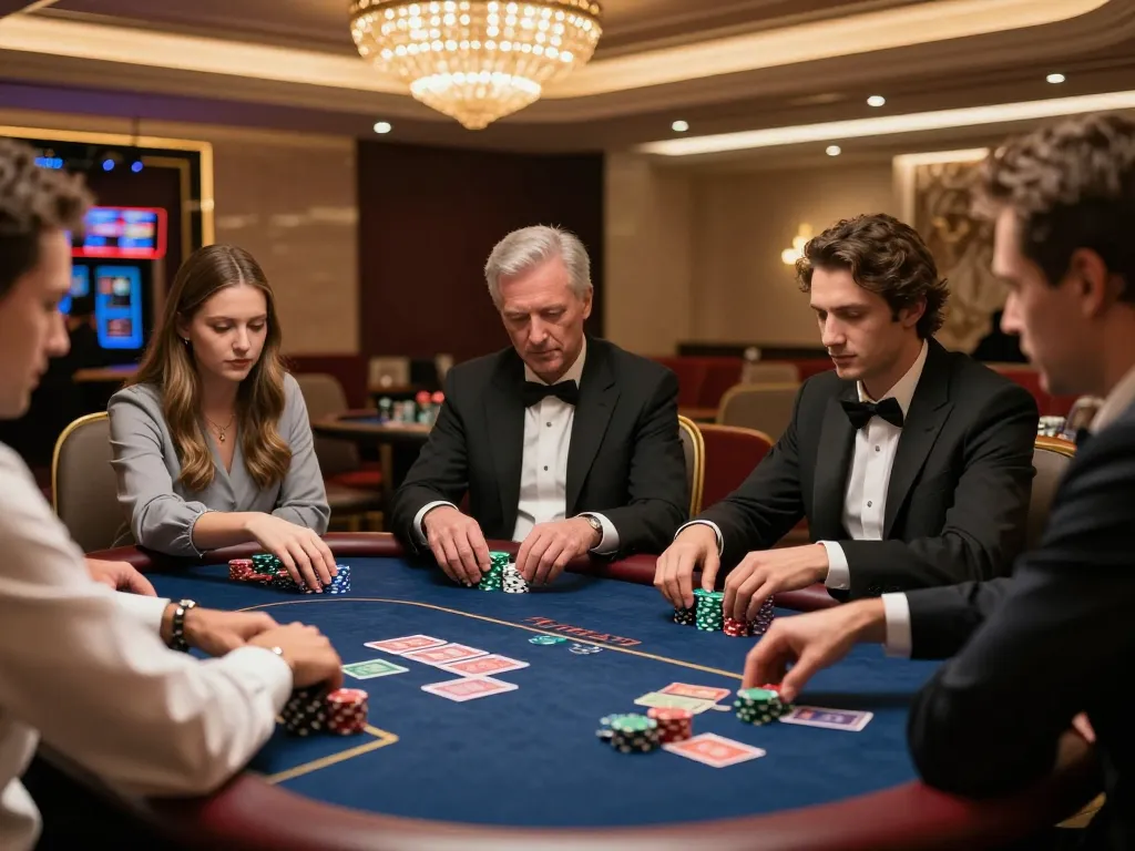 Engaging poker game in a luxurious atmosphere showcasing Link nhà cái Lucky88 with stylish decor and intense action.