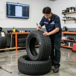Professional technician examining the tread of a Double Coin RR99 tire in a well-lit garage environment.