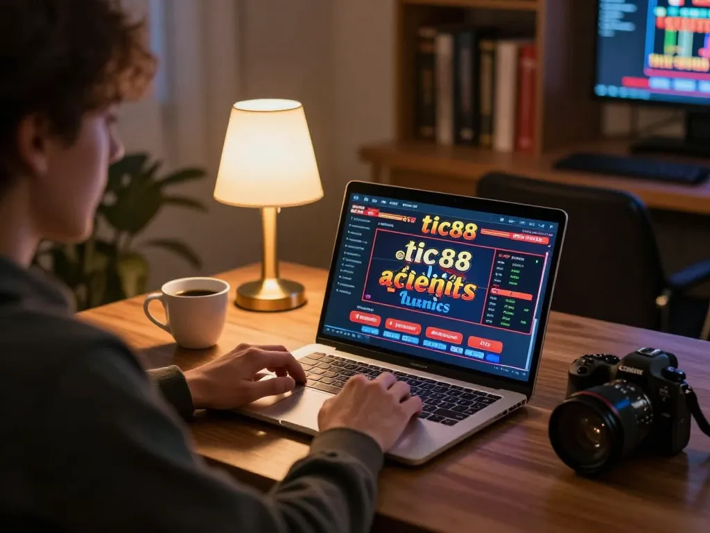 Engaging in exciting online casino gameplay with tic88 on a laptop at home, showcasing strategy and enjoyment.