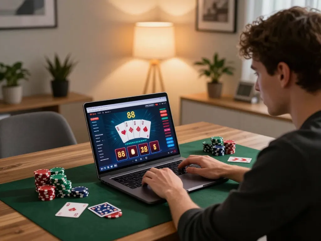 Engaging gameplay at new88 casino with a player focused on online poker from a cozy home setup.