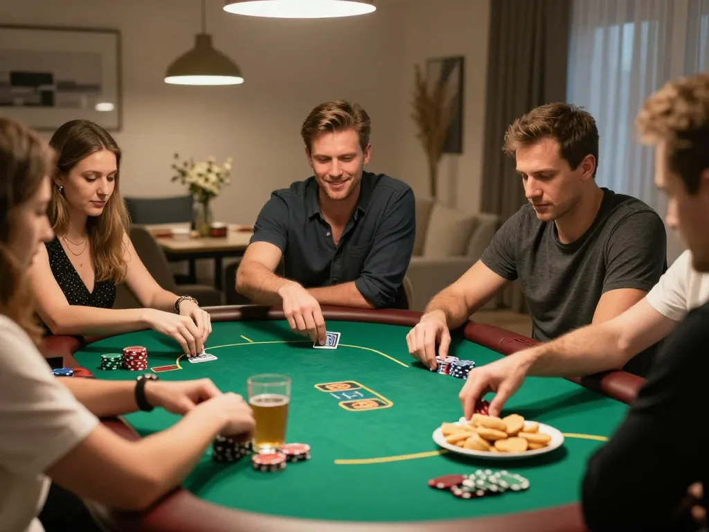Players enjoying poker night at home using strategies seen on website vb88, with drinks and snacks on table.