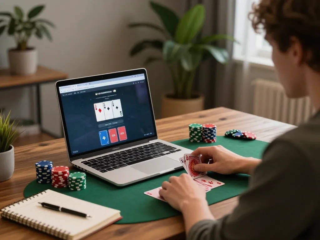 Kong88 player strategizing with poker game on laptop in a cozy home setup