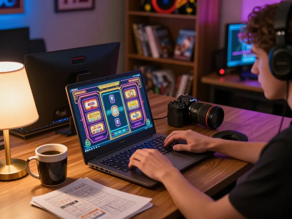 rik88 user spinning online slots on laptop in cozy gaming setup with strategy notes