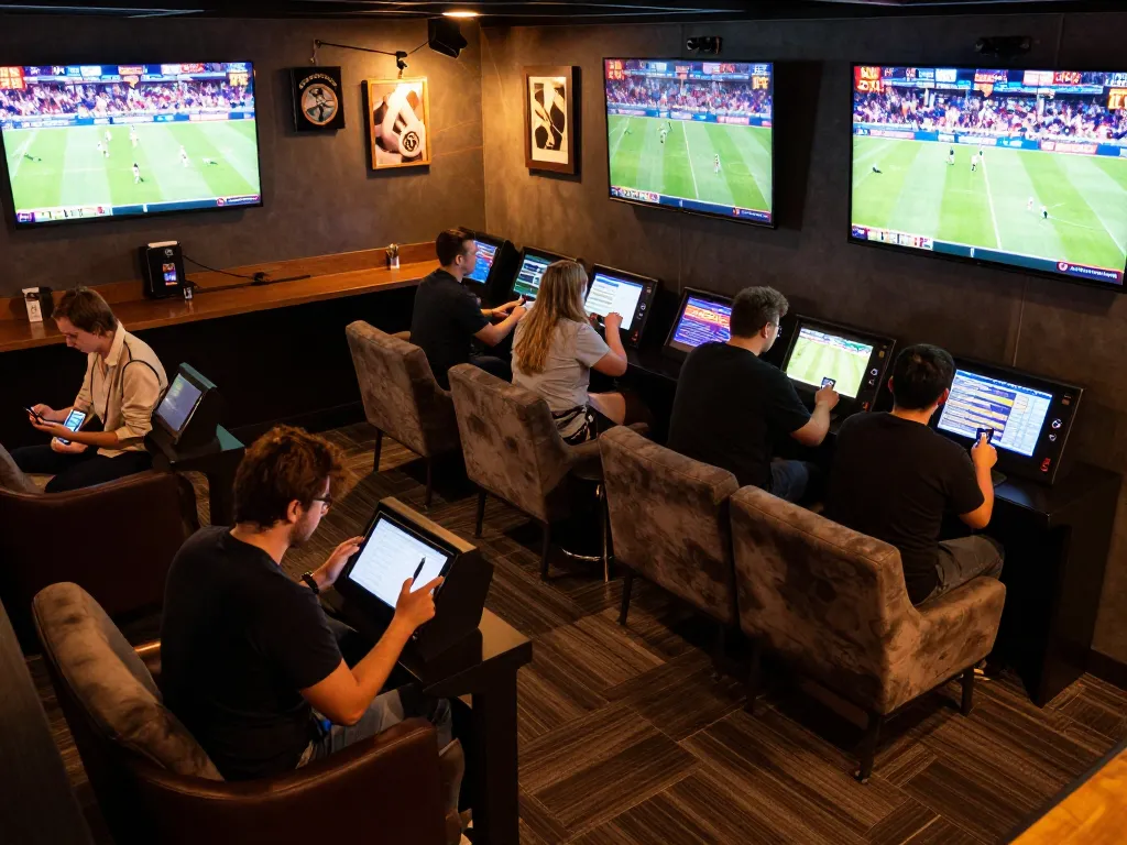 keobongda bettors analyzing live sports odds in a vibrant lounge setting