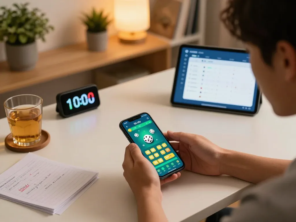 Engaging gameplay of tài xỉu online on a mobile app with strategic notes and cozy lighting.