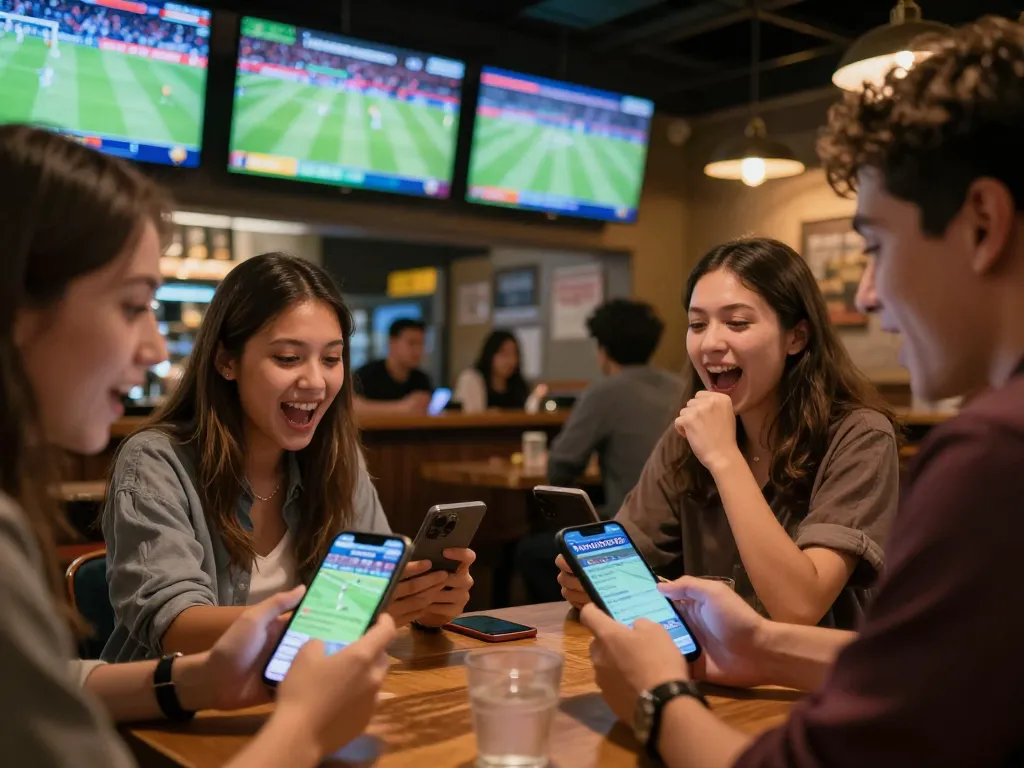 Friends cheering and checking mobile odds on keonhacaii88 during a live sports event.