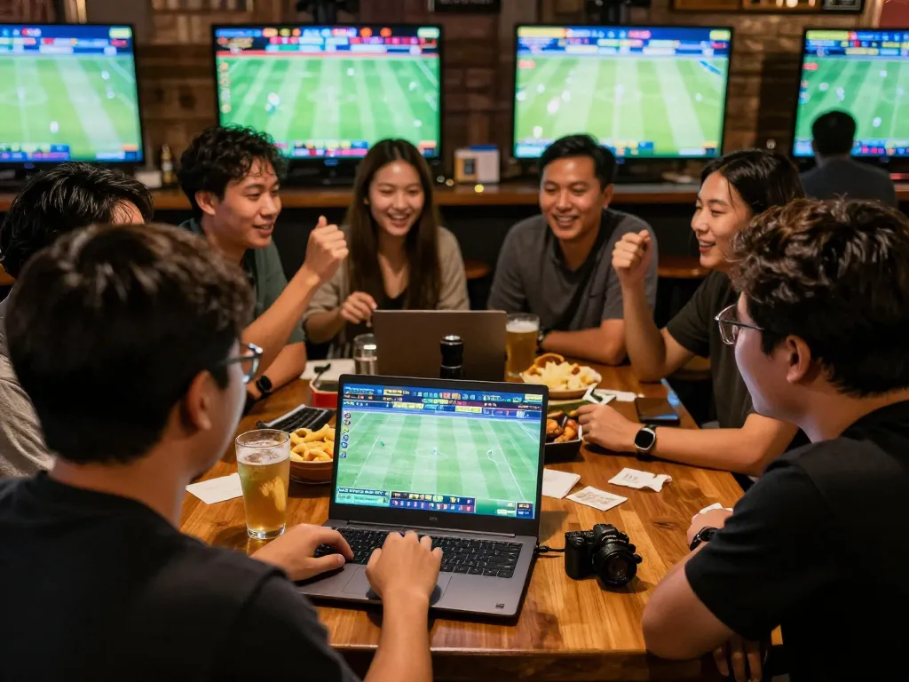 Engaging scene of sports betting enthusiasts analyzing keo nha cai in a lively sports bar.