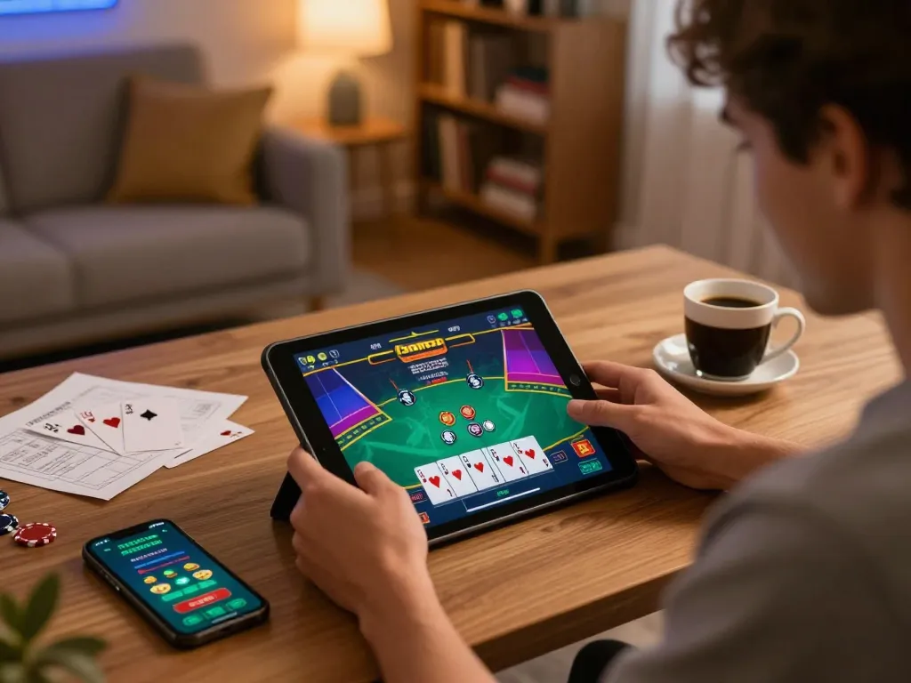 Engaging in exciting max88 online blackjack gameplay on a tablet in a cozy home setting.