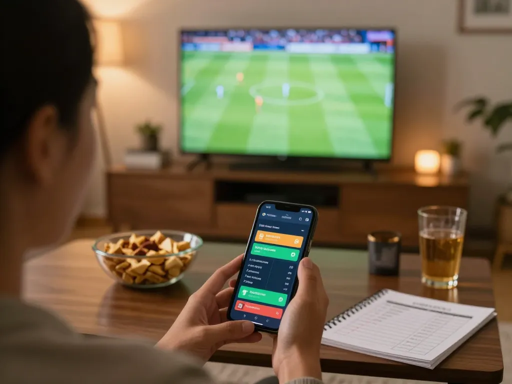 Engaged in live sports betting with tylekeonhacai88 app, using smartphone while watching a match