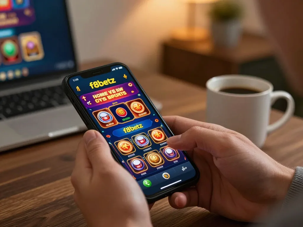 Engaging user experiencing f8betz casino app on smartphone with vibrant visuals in cozy home setting