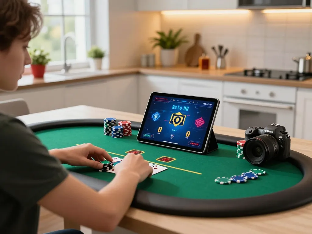 vin88 players enjoying poker at home table with warm lighting and vibrant decor