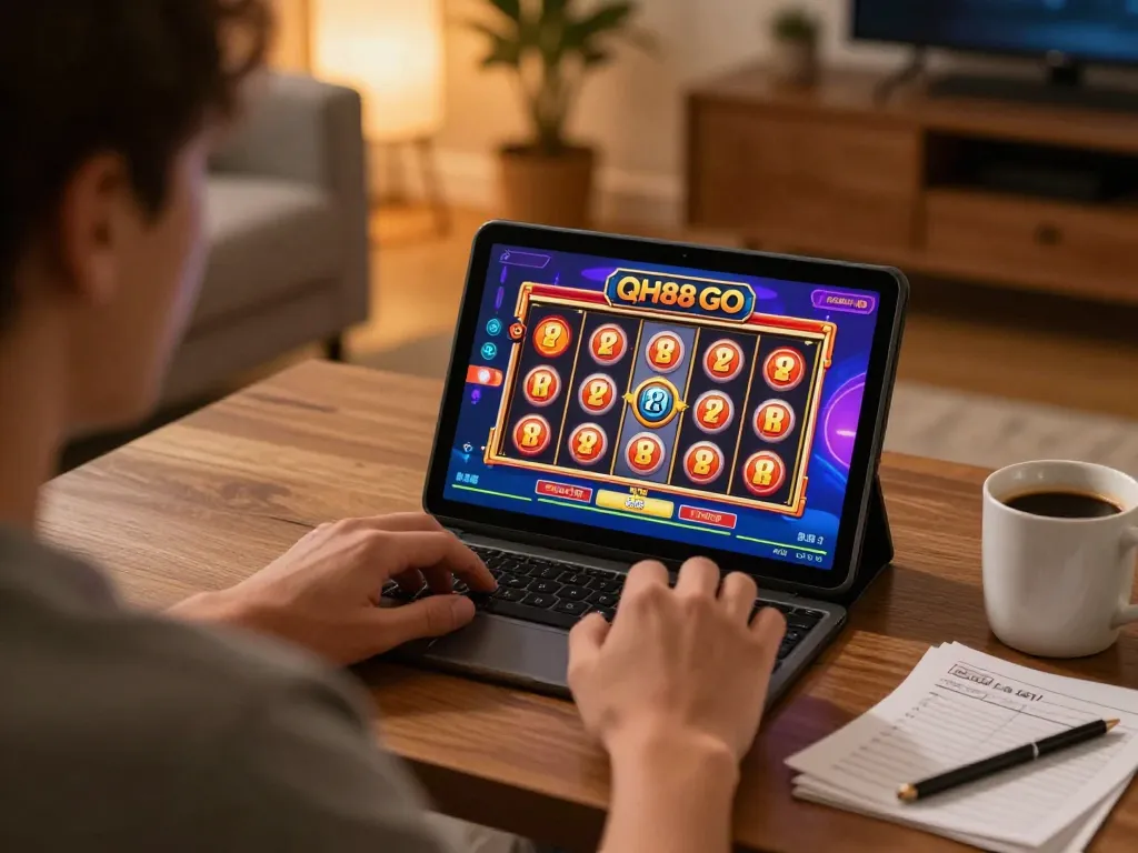 Engaging in online gambling at QH88 GO with vibrant gameplay on tablet and cozy atmosphere.