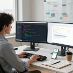 Developer using molt bot in a modern workspace with dual monitors and coding setup.