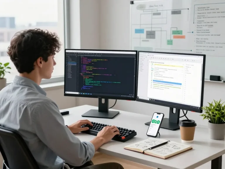 Developer using molt bot in a modern workspace with dual monitors and coding setup.