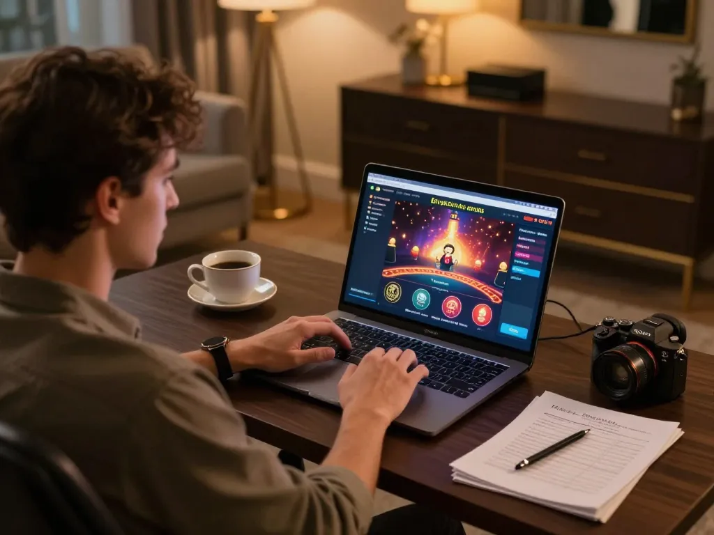 Engaging in online casino betting with co88 on a laptop in a stylish home setup, highlighting bankroll management.