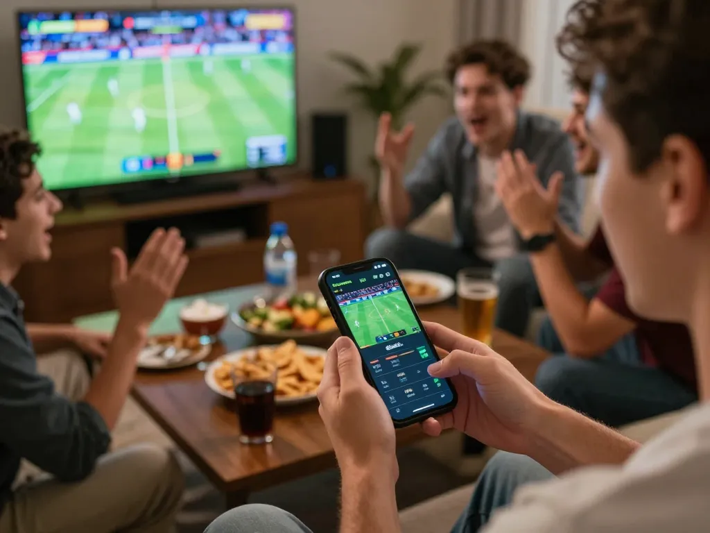 Excited group placing bets on the bongdallu sports betting app during a live match.