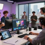 Seedance AI team in a vibrant studio creating stunning videos with advanced technology.