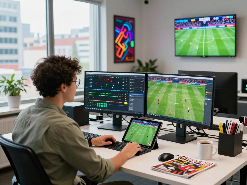 Football analyst at a modern workspace using nowgoal for live match statistics and insights.