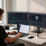 Programmer deploying clawbot in a modern AI development workspace with dual monitors and collaborative tools.