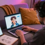 Young adult engaging in ai porn chat with animated character on laptop in cozy setting.