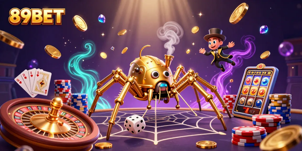 Win exciting jackpots at 89BET with golden spider captivating dice and poker chips.