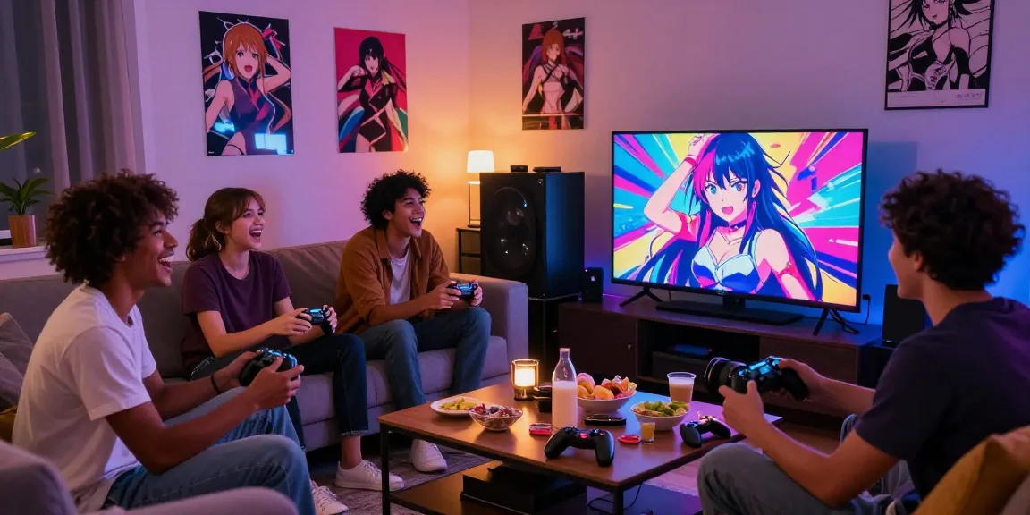 Friends joyously playing hentai game on large screen in cozy living room.