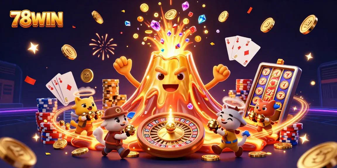 Engage with the vibrant world of 78WIN where cartoon treasures burst forth from a golden volcano, creating a winning casino atmosphere.